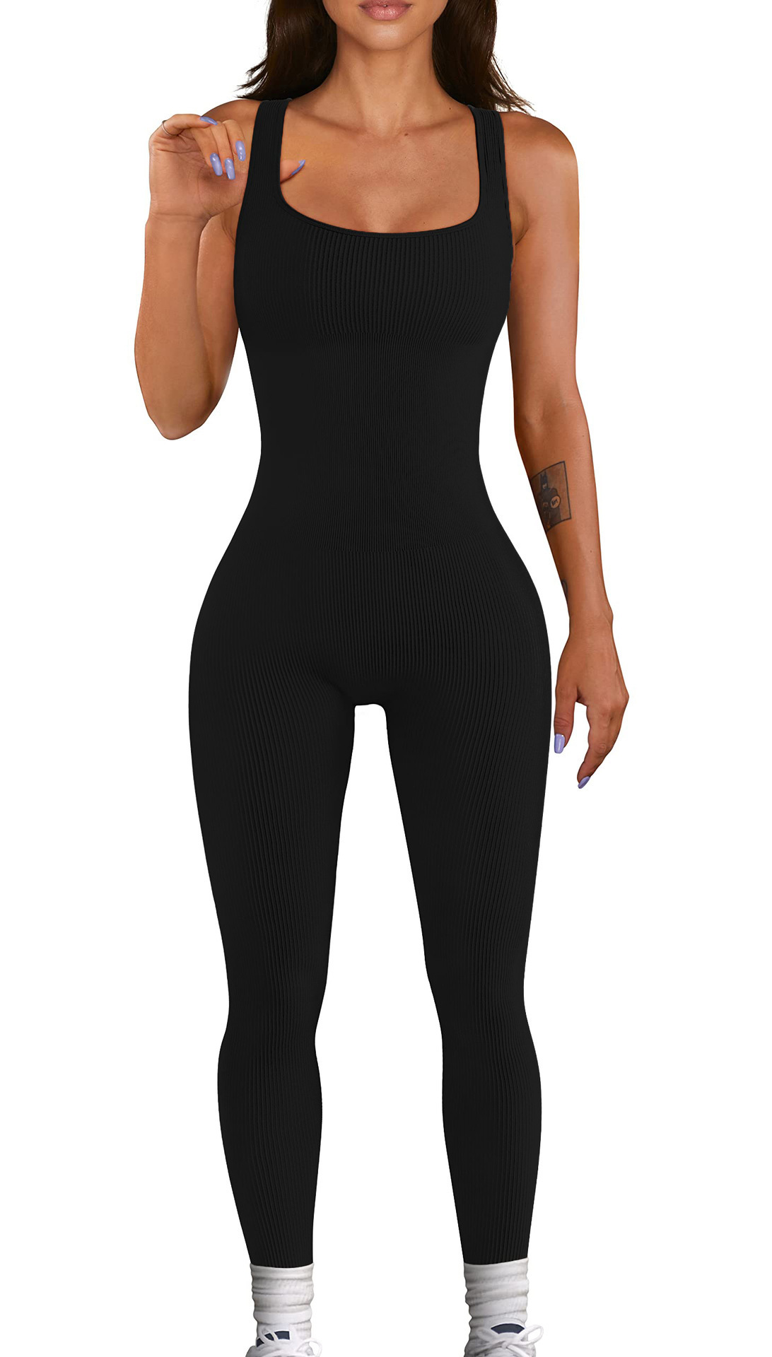 Ribbed Sleeveless Cami Bodysuit Jumpsuit for Yoga and Fitness