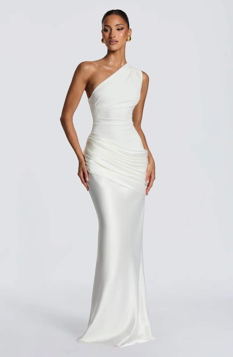 One-Shoulder Ruched Satin Bodycon Maxi Dress
