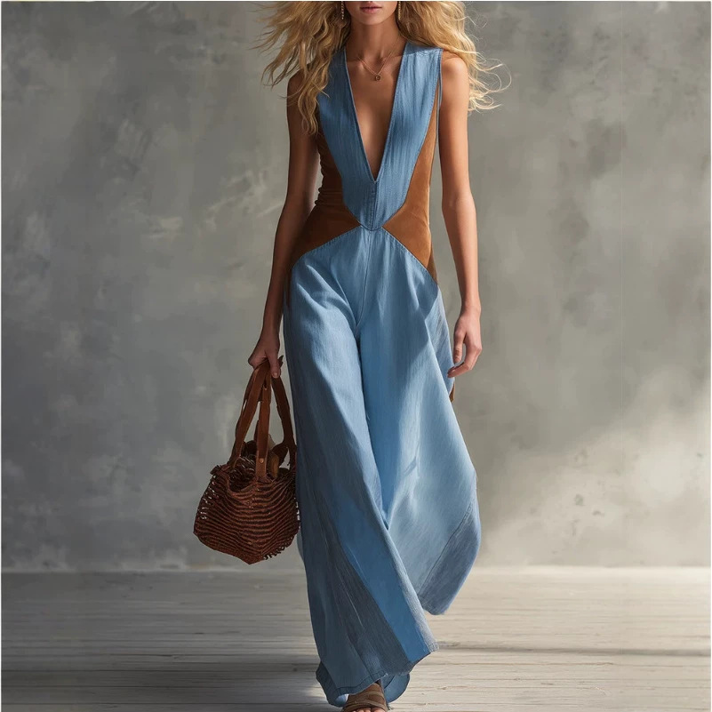 Deep V-Neck Denim Jumpsuit