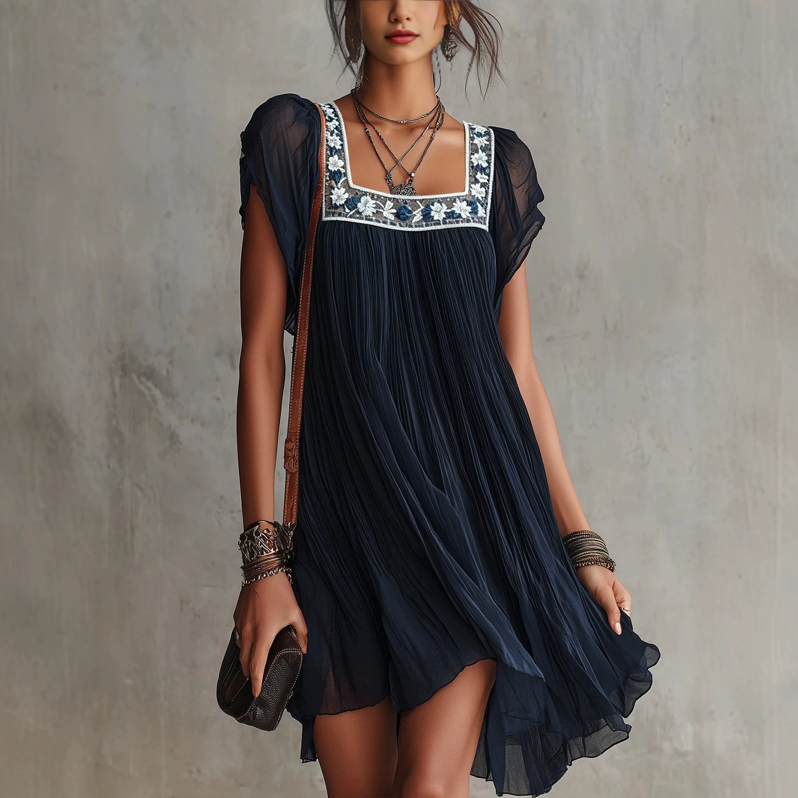 Square Neck Floral Embroidered Short Sleeve Pleated Boho Mini Dress