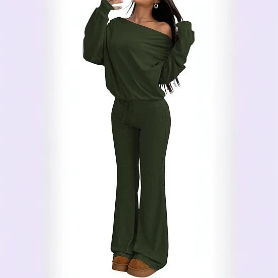 Solid One-Shoulder Long-Sleeve Top & High-Waist Flared Wide-Leg Pants Set