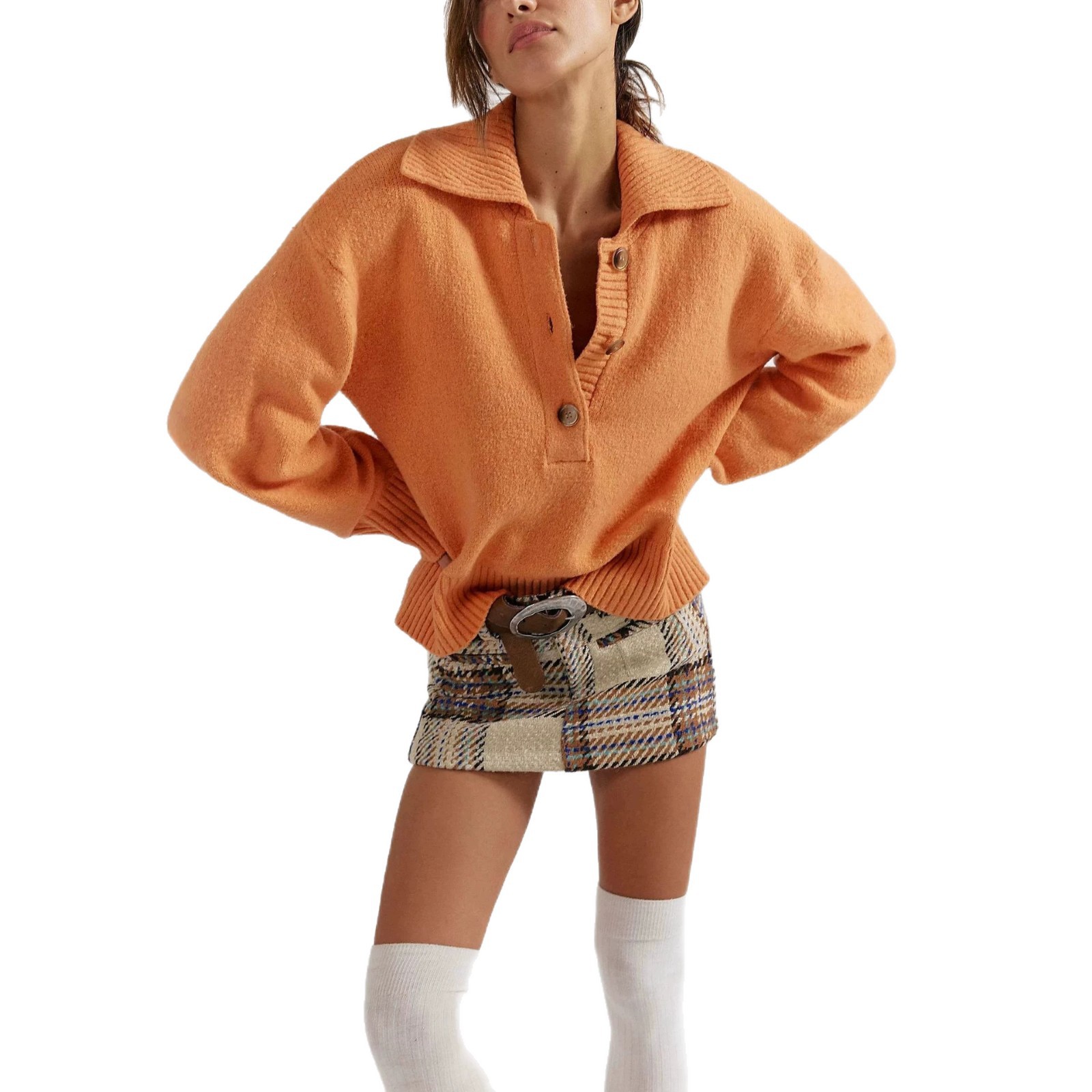 Women's Twist-Button V-Neck Knit Sweater