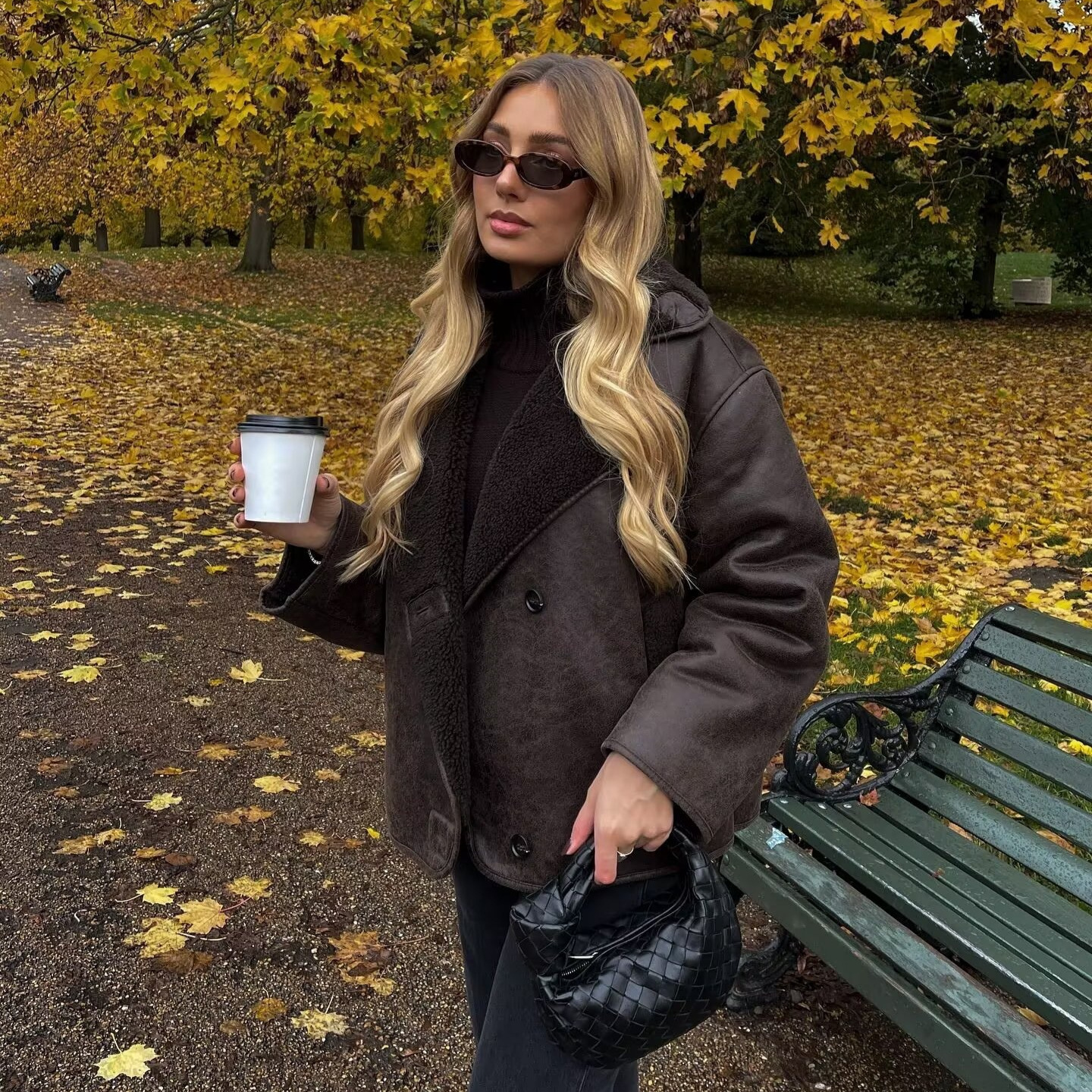 Women's Faux Fur Shearling Coat with Lapel Collar