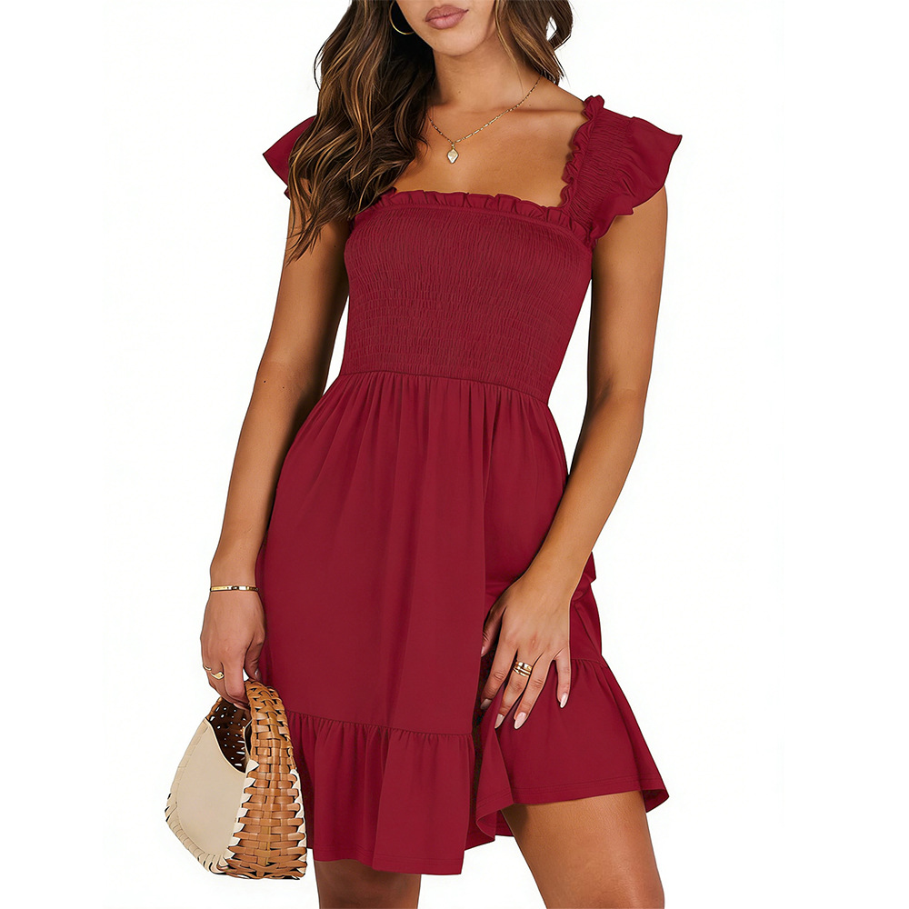 Square Neck Plaid Smocked Midi Dress with Flutter Sleeves