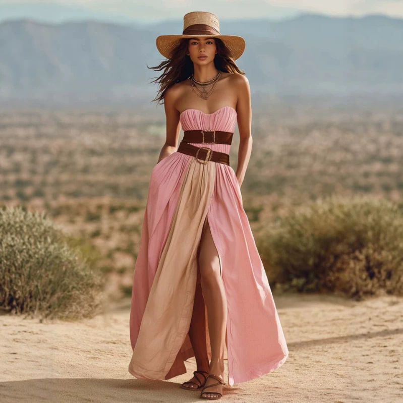 Elegant Strapless Color-Block Slit Maxi Dress