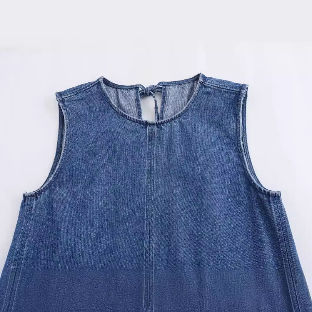 Light Blue Round Neck Denim Panel Dress