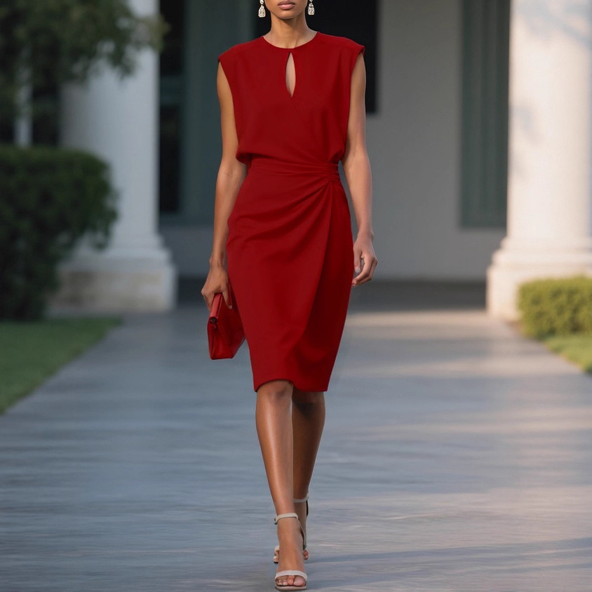Retro Cross-Front Knotted Cutout Round-Neck Midi Dress
