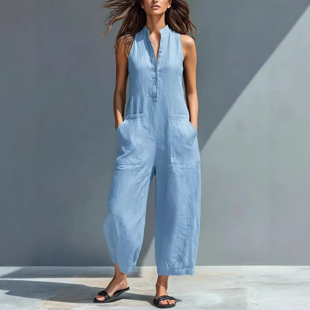 Women's Sleeveless Stand Collar Pocket Jumpsuit