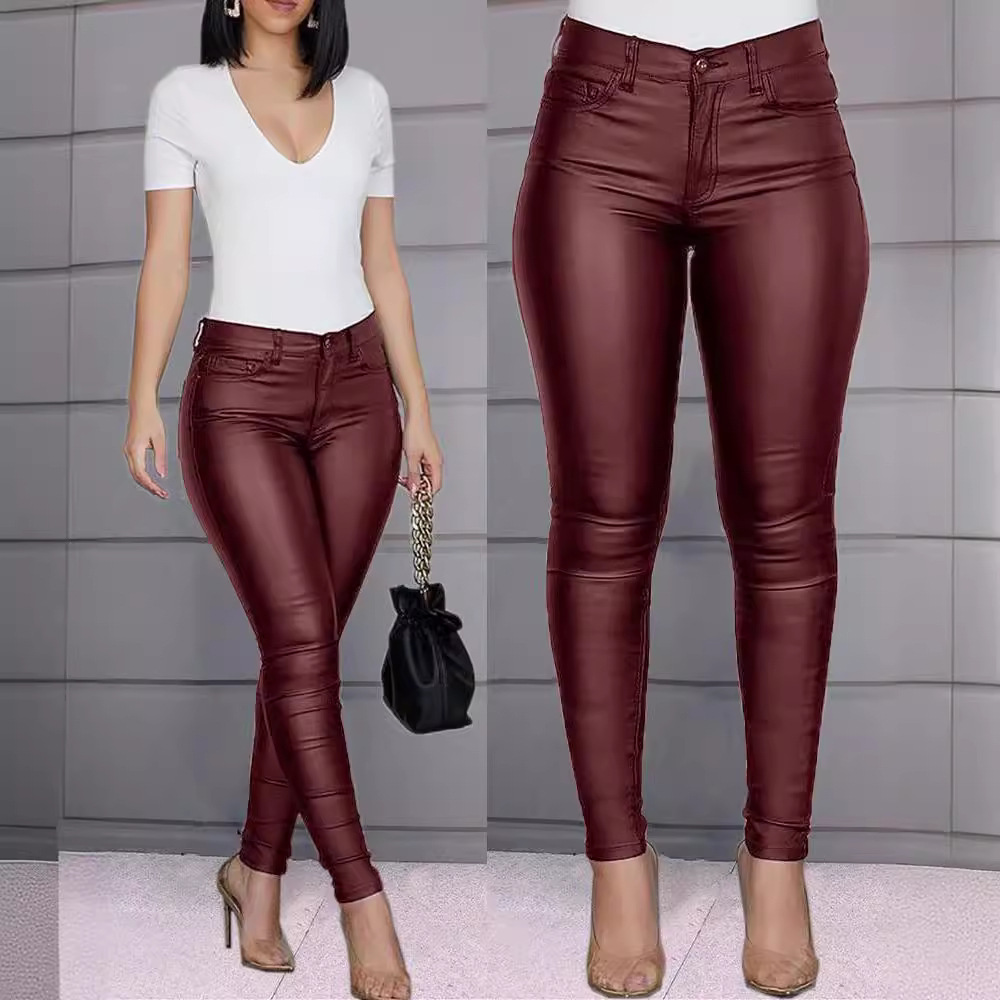 Women's Solid PU Leather Skinny Pants High Waist Stretchy Long Trousers