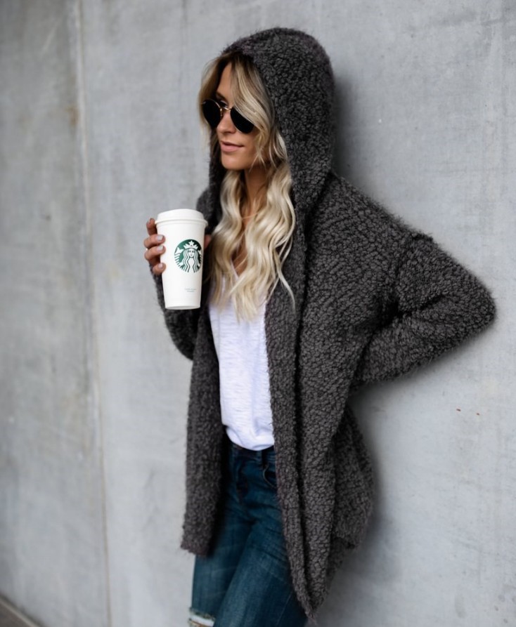 Women's Hooded Open-Front Cardigan Loose Warm Jacket