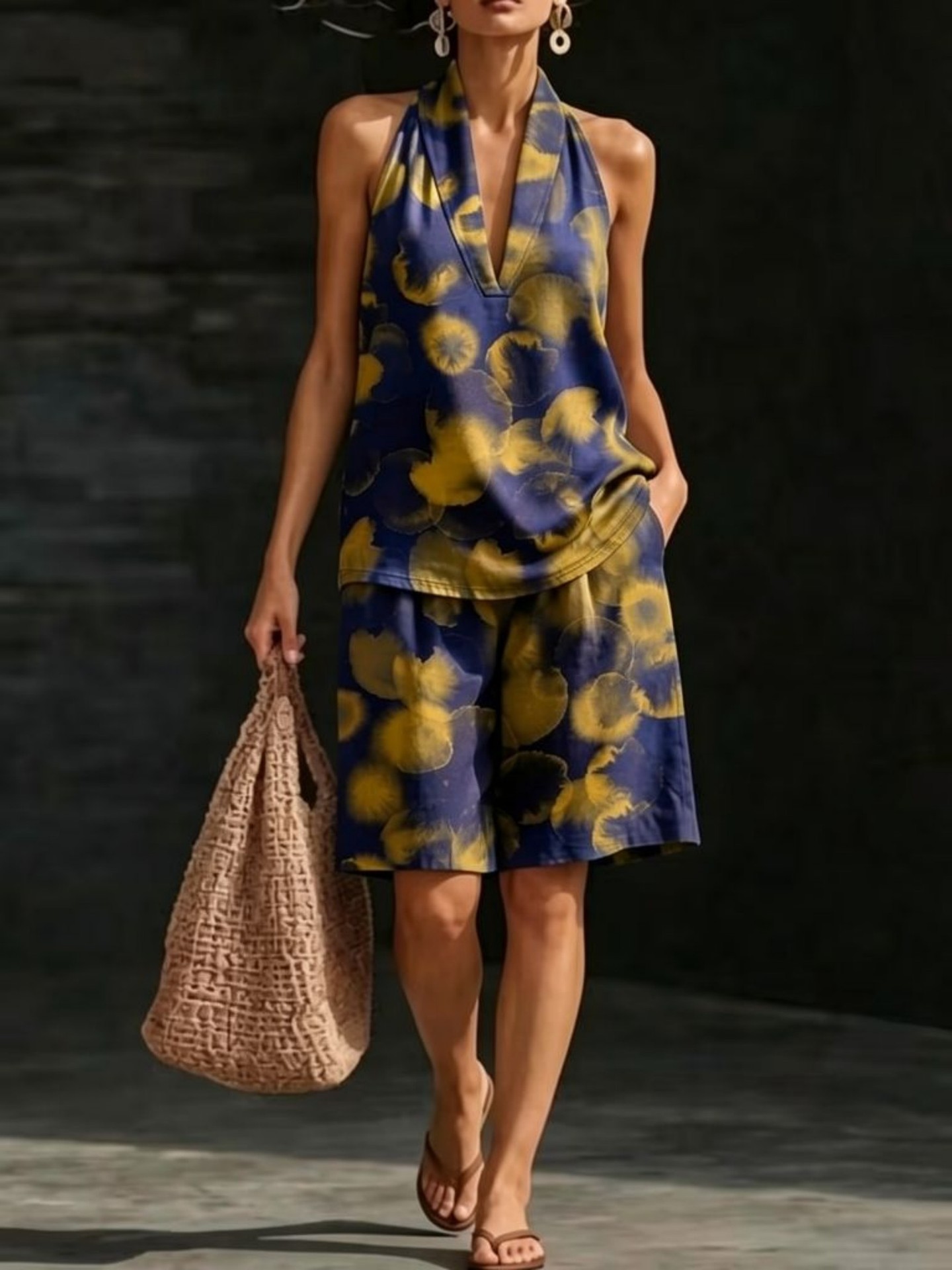 Retro Floral Print Sleeveless Halter Vest Set for Women