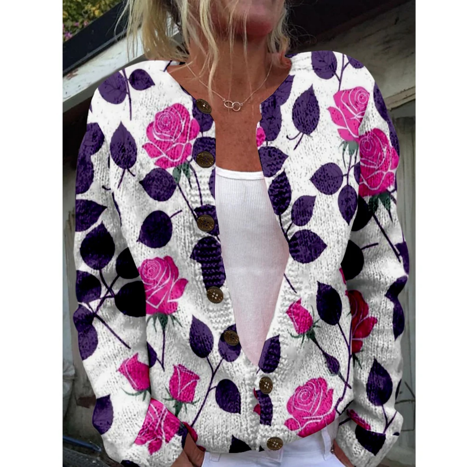Women's Floral Print Button-Down Cardigan Sweater