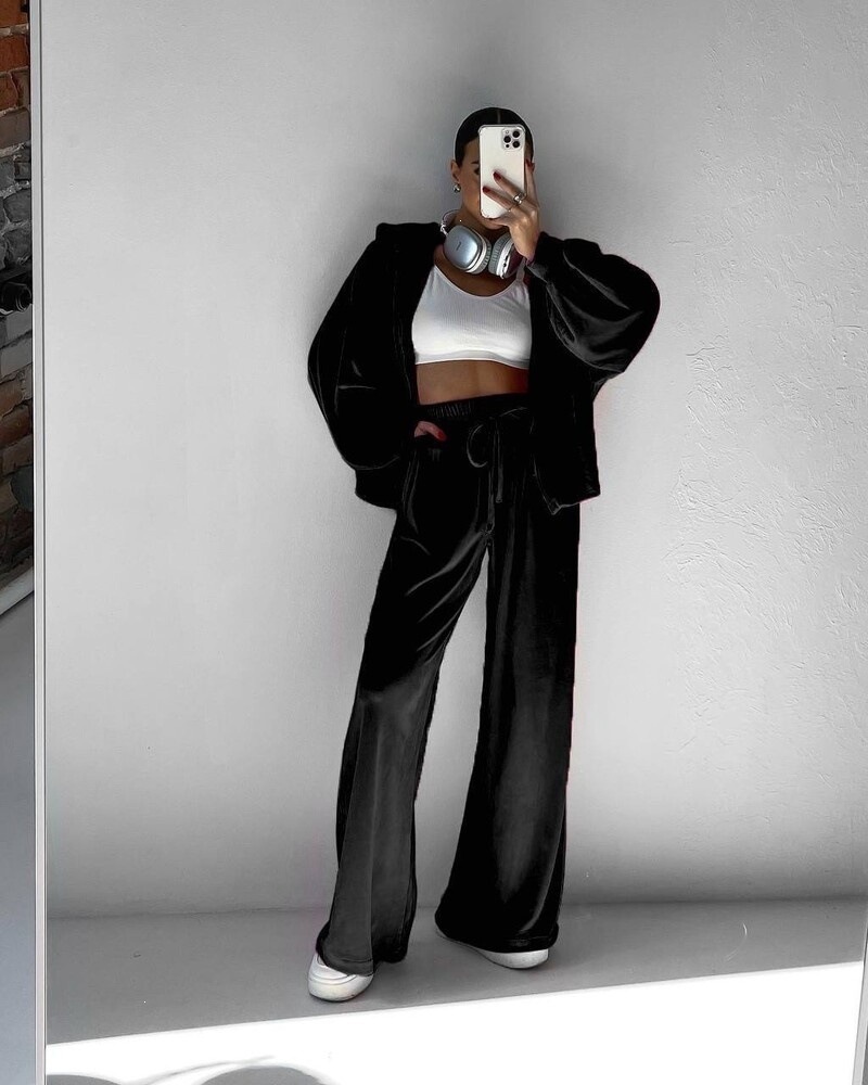 Women's Solid Color Hooded Zip Cardigan & Wide-Leg Pants Set