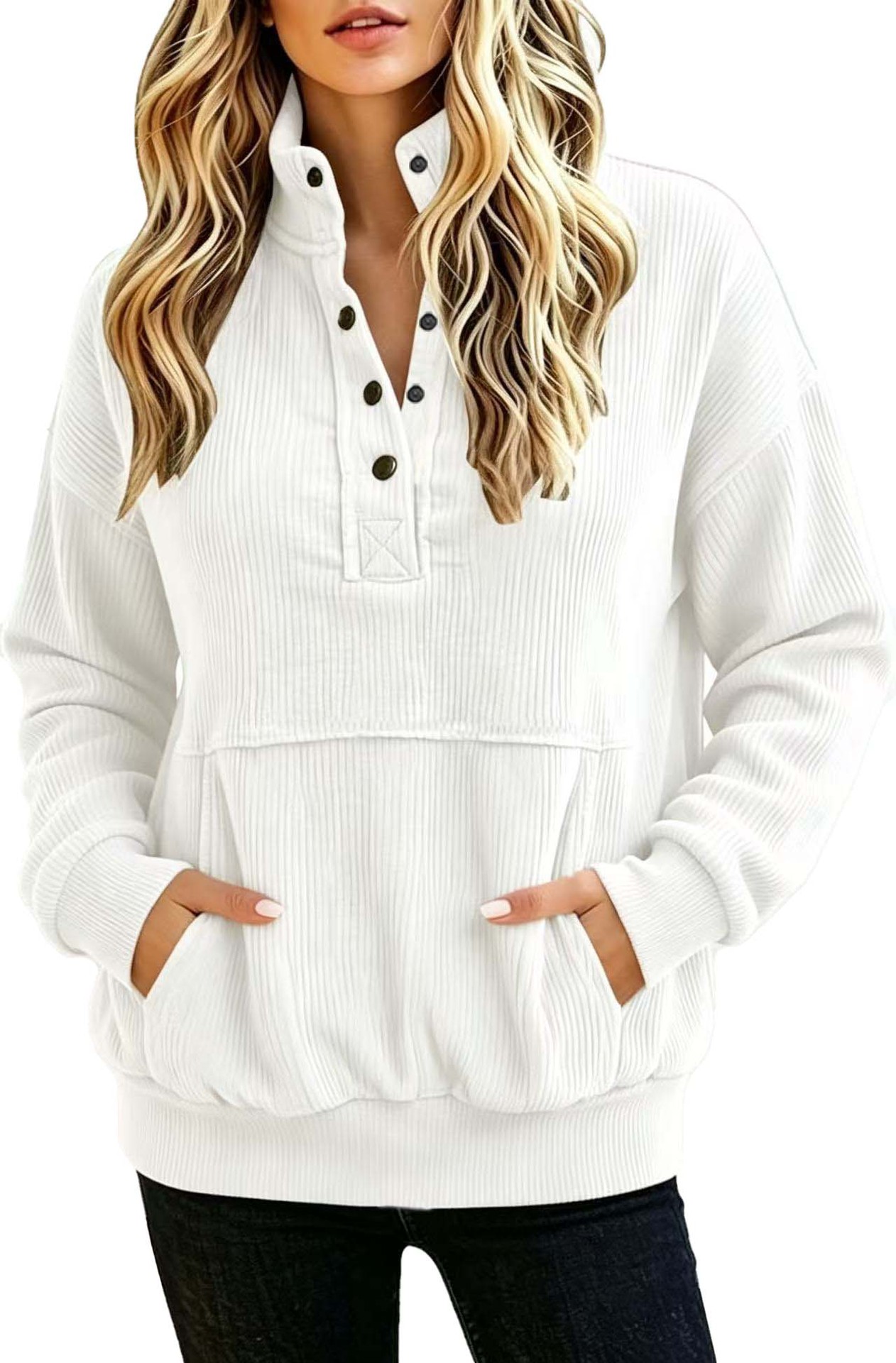 Solid Color Button-Front Long-Sleeve Hoodie with Pockets
