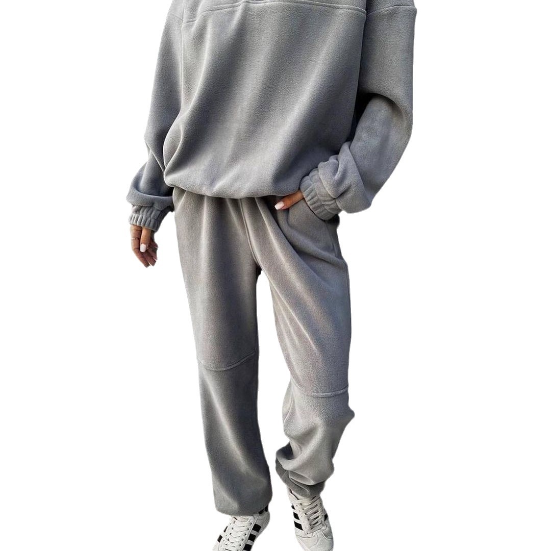 Women's Solid Fleece Sweatshirt and Pants Two-Piece Set Casual Lounge Outfit