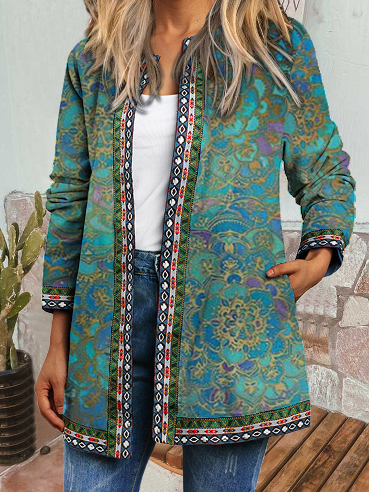Retro Ethnic Floral Print Long Sleeve Open Front Jacket Cardigan for Women
