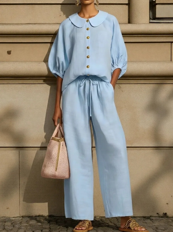 Women's Cotton-Linen Lantern Sleeve Shirt & Drawstring Pants Set