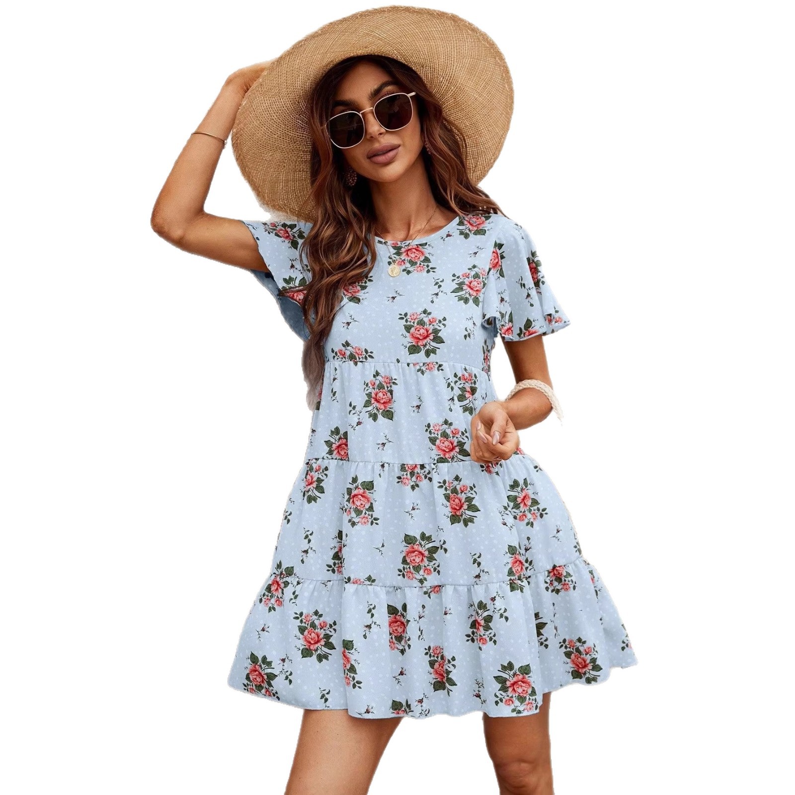 French Vintage Rose Floral Polka Dot Ruffle Sleeve A-Line Dress