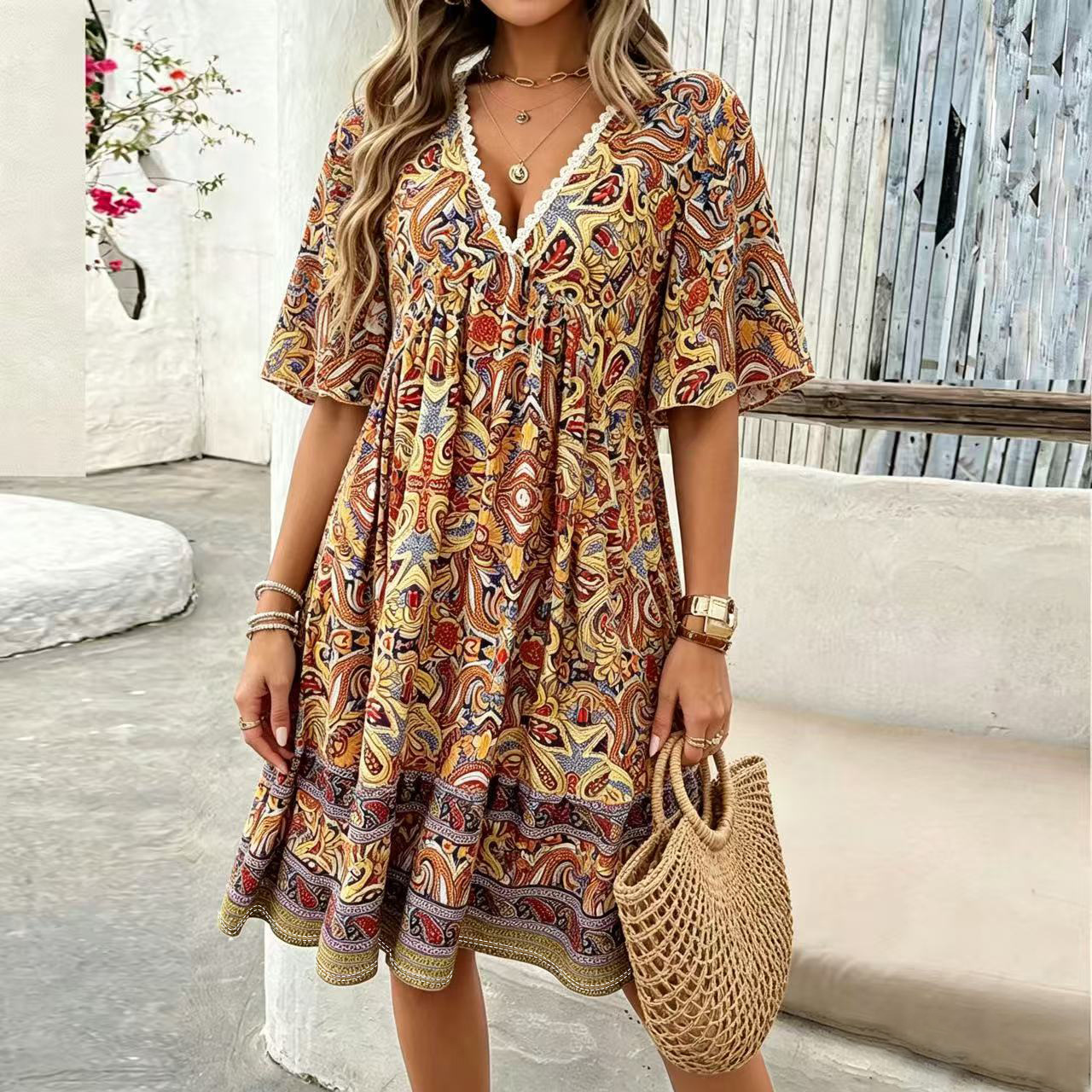 Floral Print Short Sleeve V-Neck Midi Dress with Lace Trim