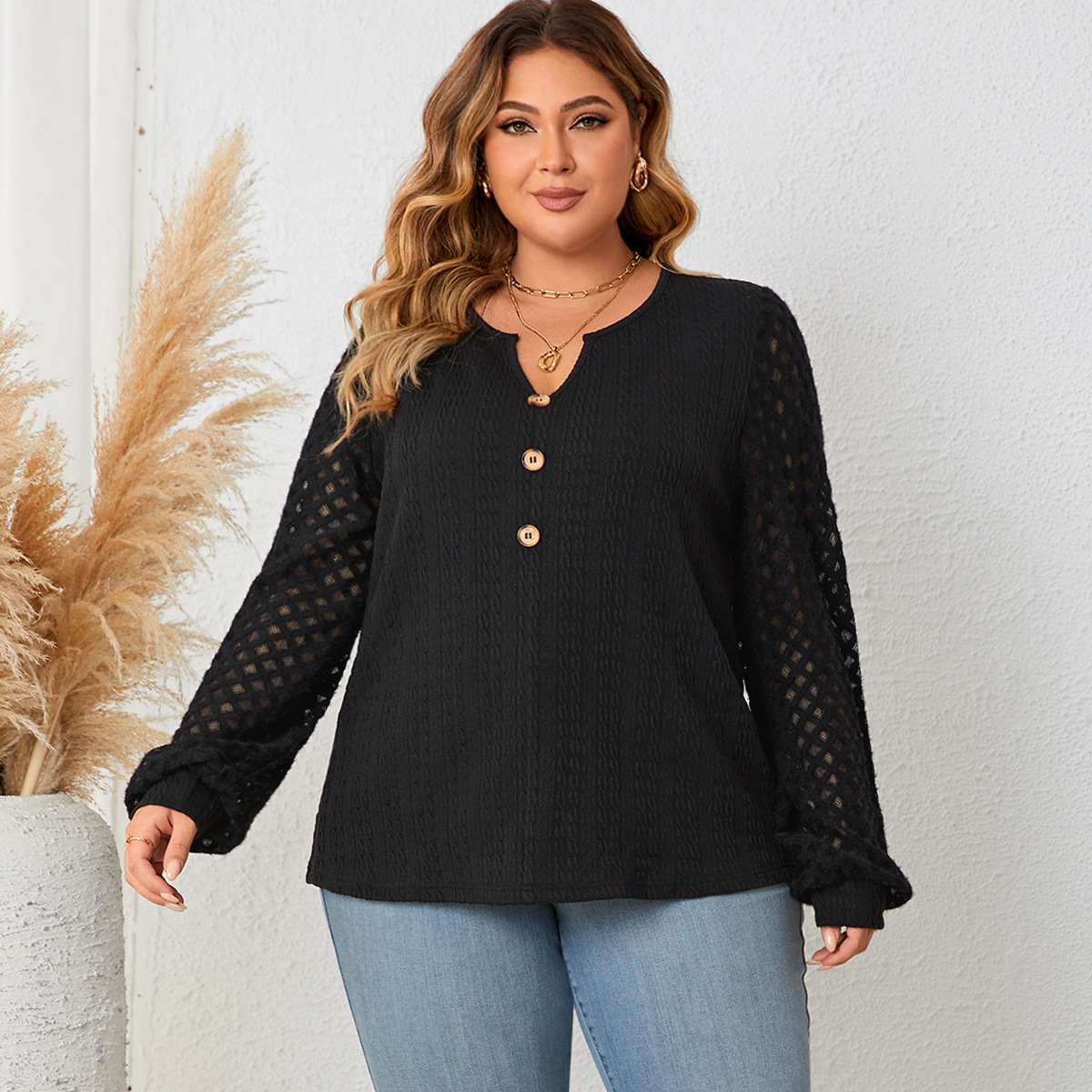 Women's Plus Size Lace-Trim Button Knit Long-Sleeve Top