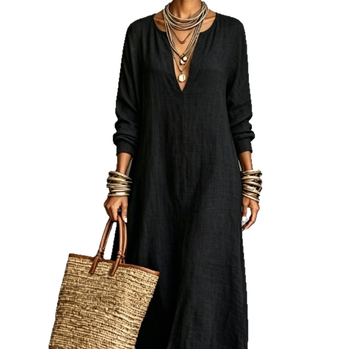 Retro Solid Deep V-Neck Long Sleeve Loose Maxi Dress