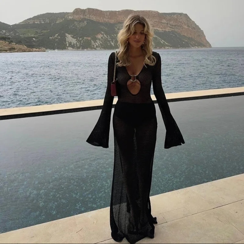 V-Neck Bell Sleeve Pleated Long Dress
