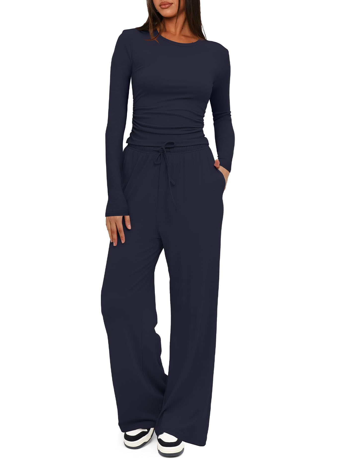 Solid Color Long Sleeve Top & High-Waist Wide-Leg Pants Set