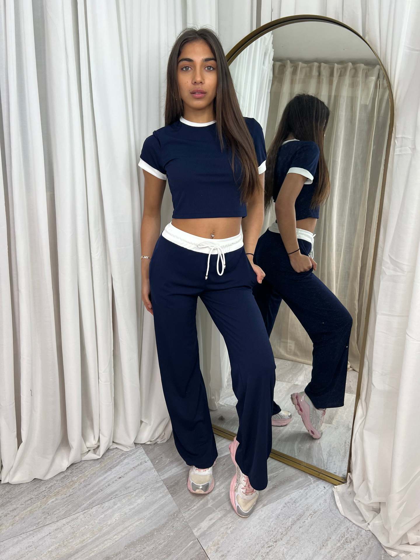 Women's Colorblock Short Sleeve Top and Drawstring Wide Leg Pants Set