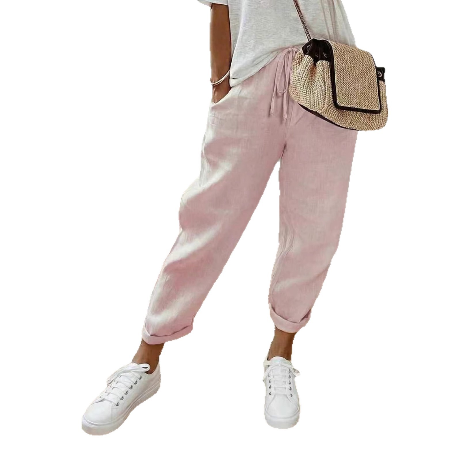 Women's Cotton Linen Cropped Pants with Pockets and Elastic Waist, Loose Casual