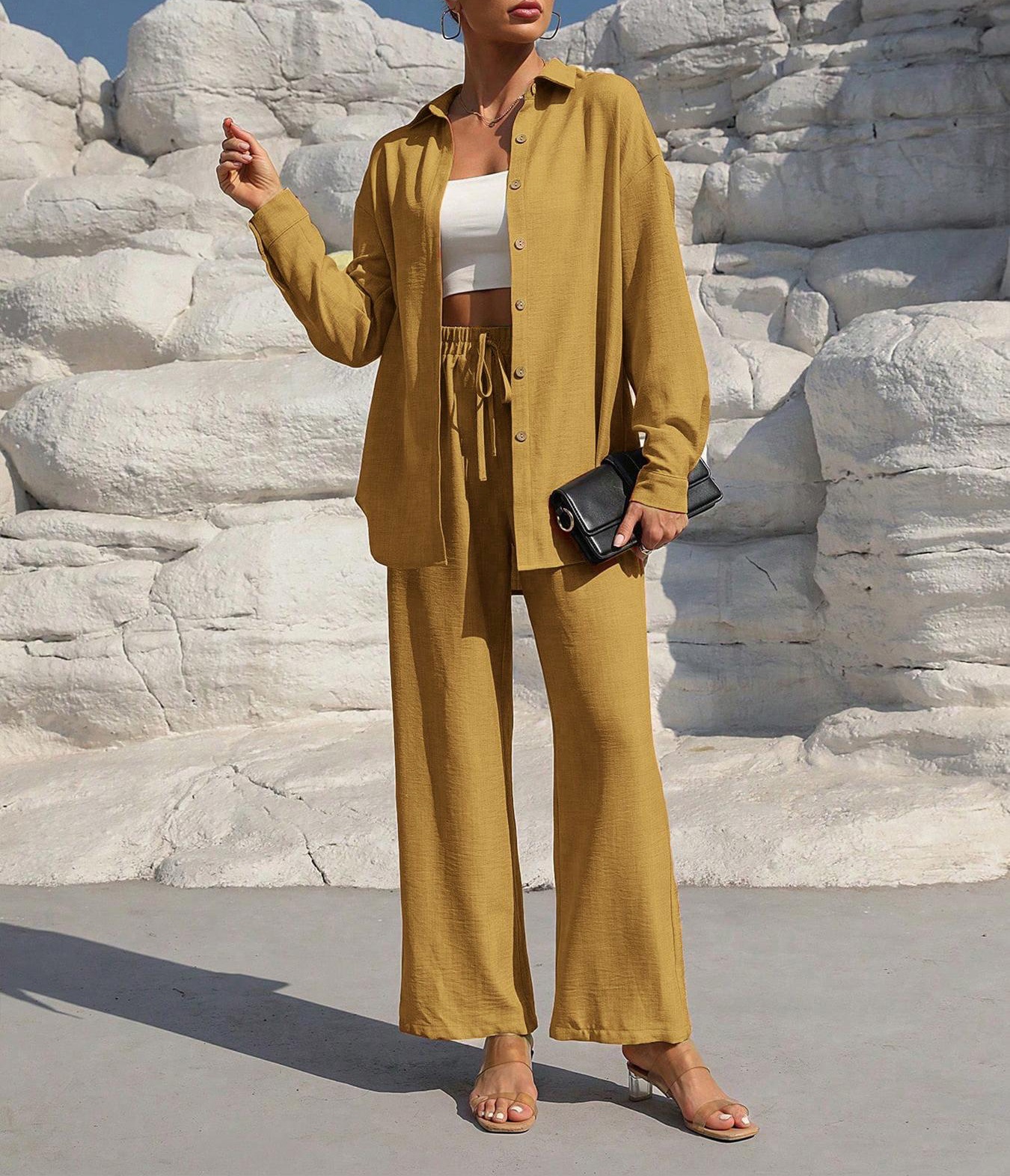 Women's Plus Size Long Sleeve Cardigan & Pants Two-Piece Set Solid Color Casual