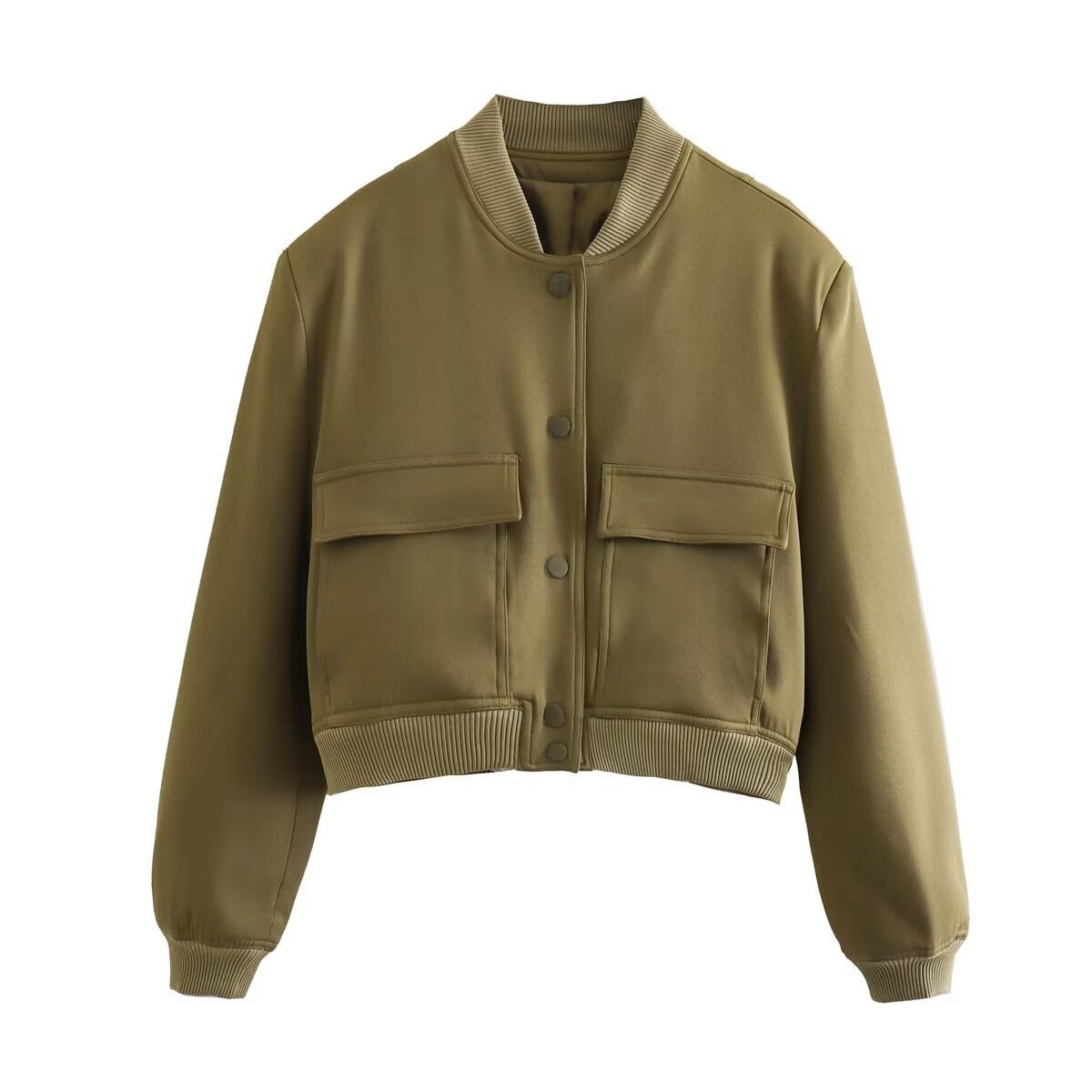 Women's Casual Bomber Jacket – TR Fabric, Button Front, Round Neck