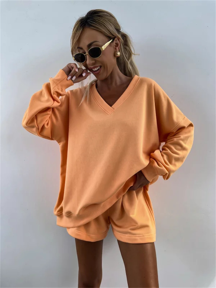 Women's Striped Long Sleeve V-Neck Loose Top and Shorts 2-Piece Set