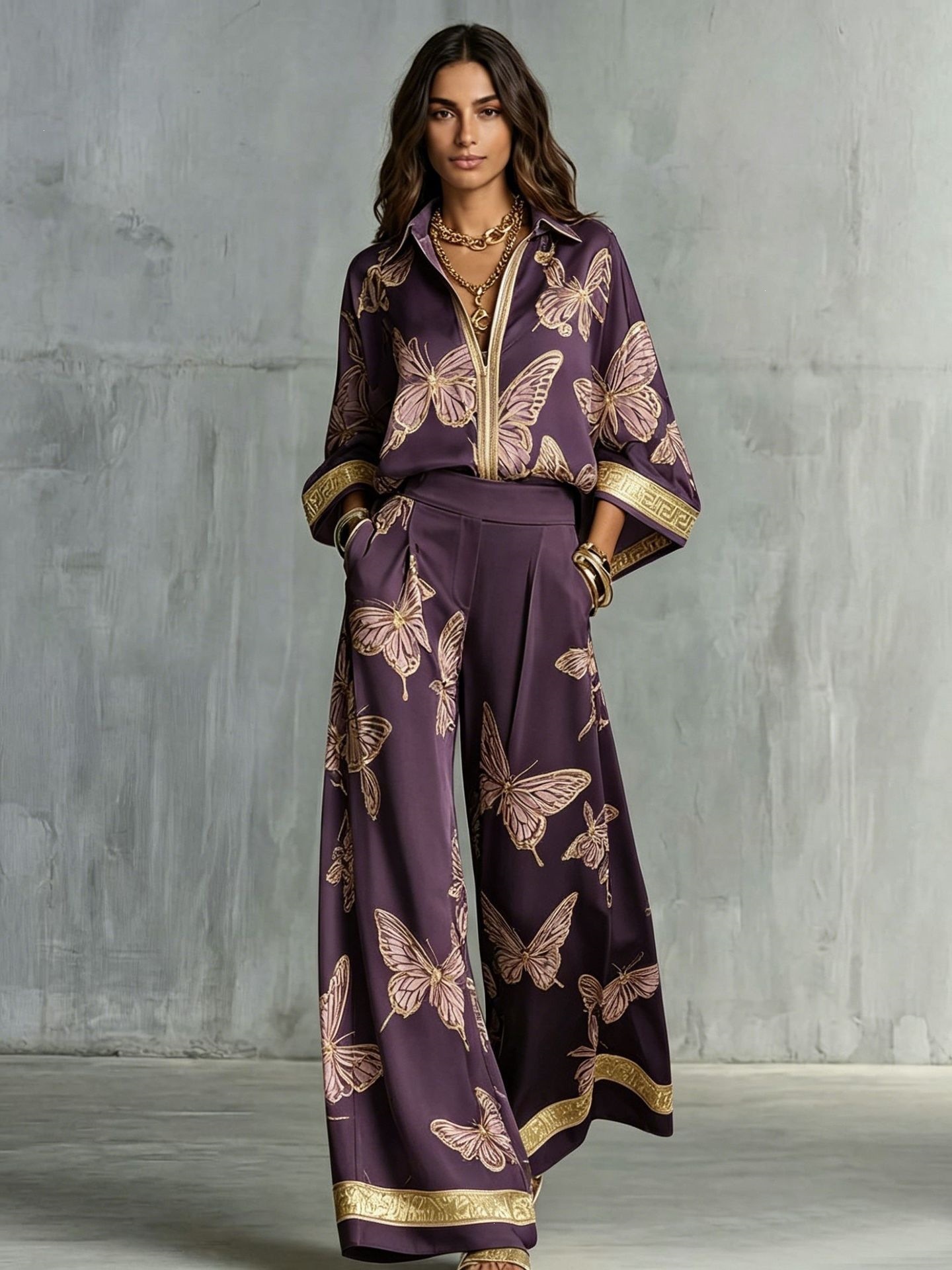 Women's Vintage Print Deep V Zip Top & Wide-Leg Pants Set