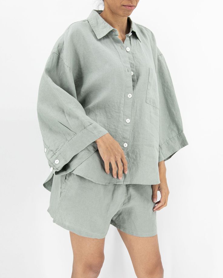 Cotton-Linen American Style Cardigan Long-Sleeve Shorts Set