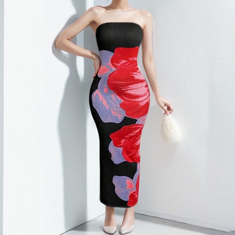 Sexy Printed Tube Top Split Bodycon Dress