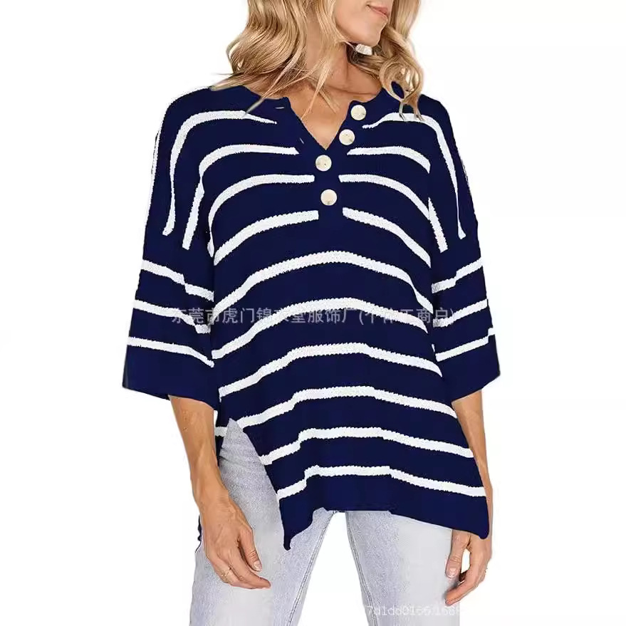 Striped Button-Front Loose Mid-Sleeve Knit Top