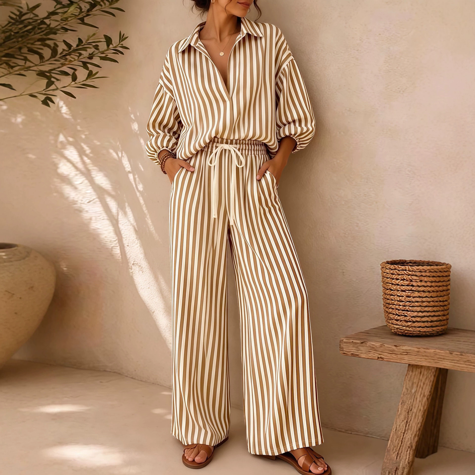 Striped Top & Solid Wide-Leg Pants Two-Piece Set
