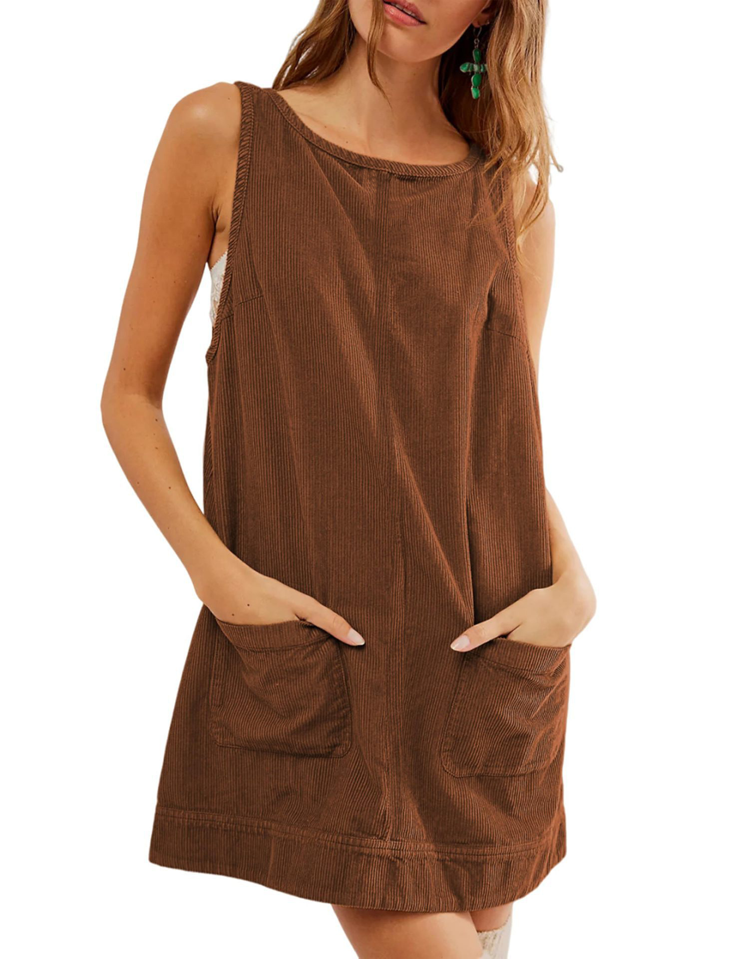 Corduroy Sleeveless Tank Dress with Pockets