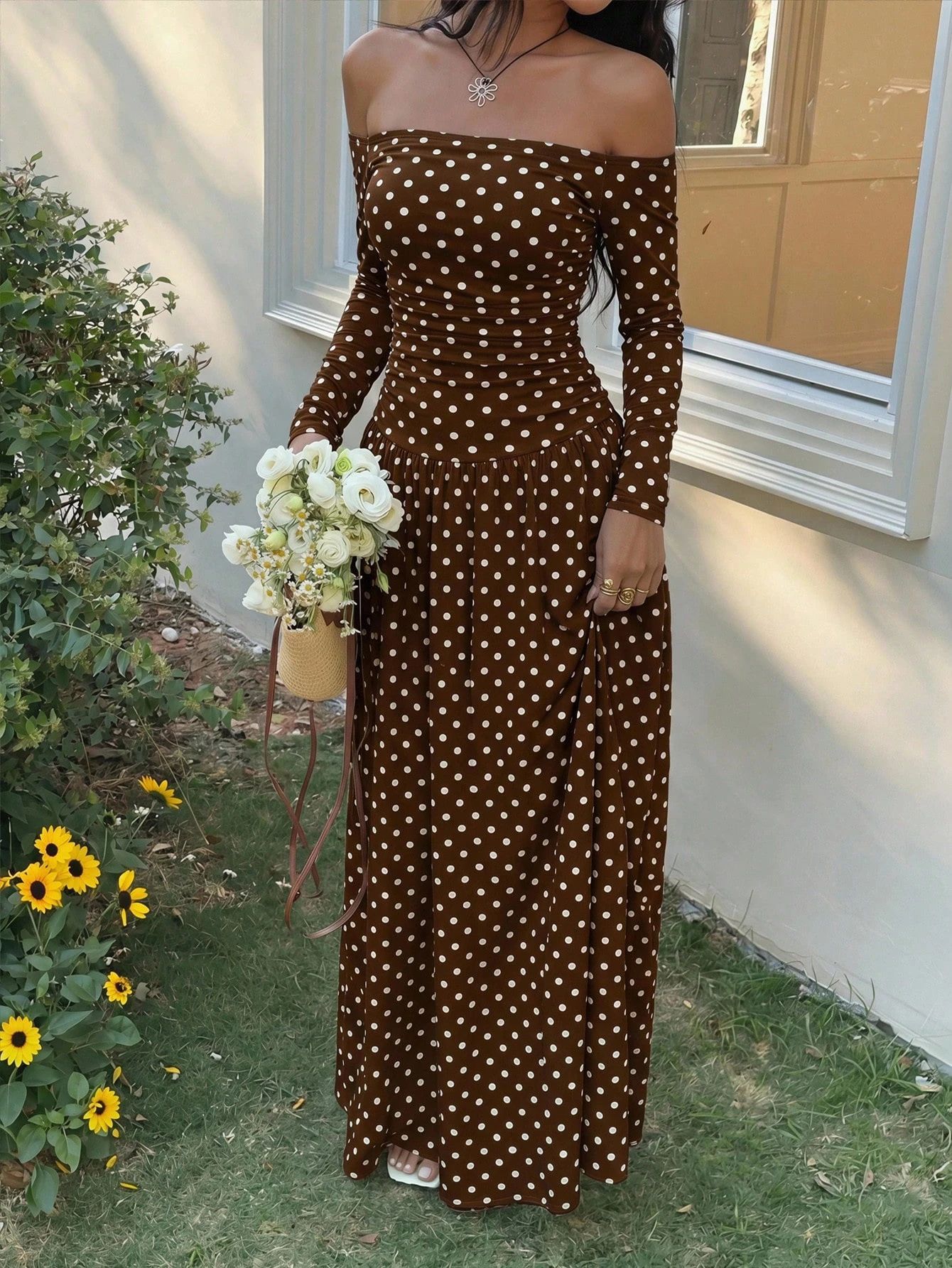 Sexy Off-Shoulder Polka Dot A-Line Dress with Waist-Cinching Silhouette