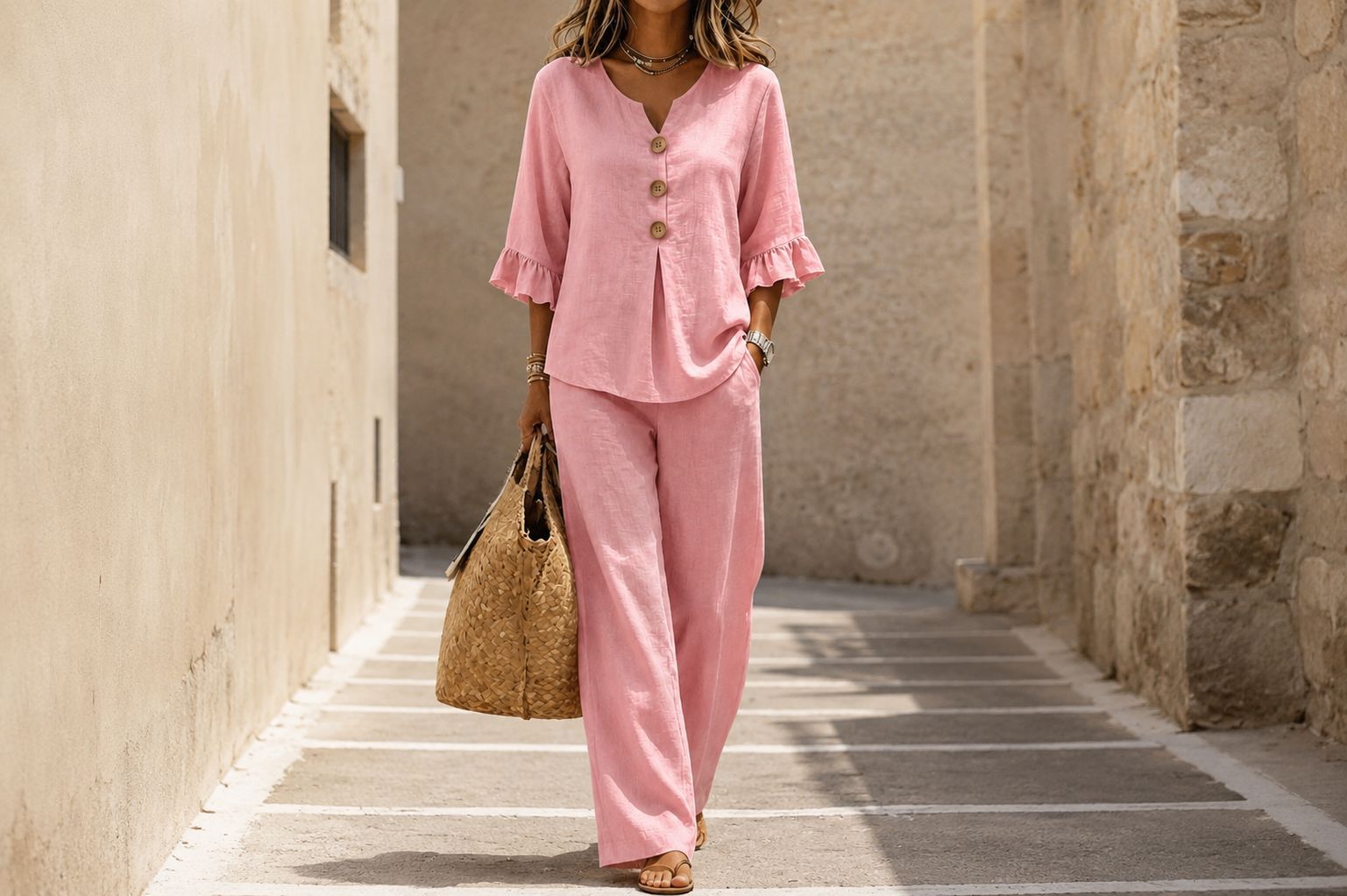 Women's Casual Button V-Neck Ruffle 3/4 Sleeve Top and Pants Two-Piece Set