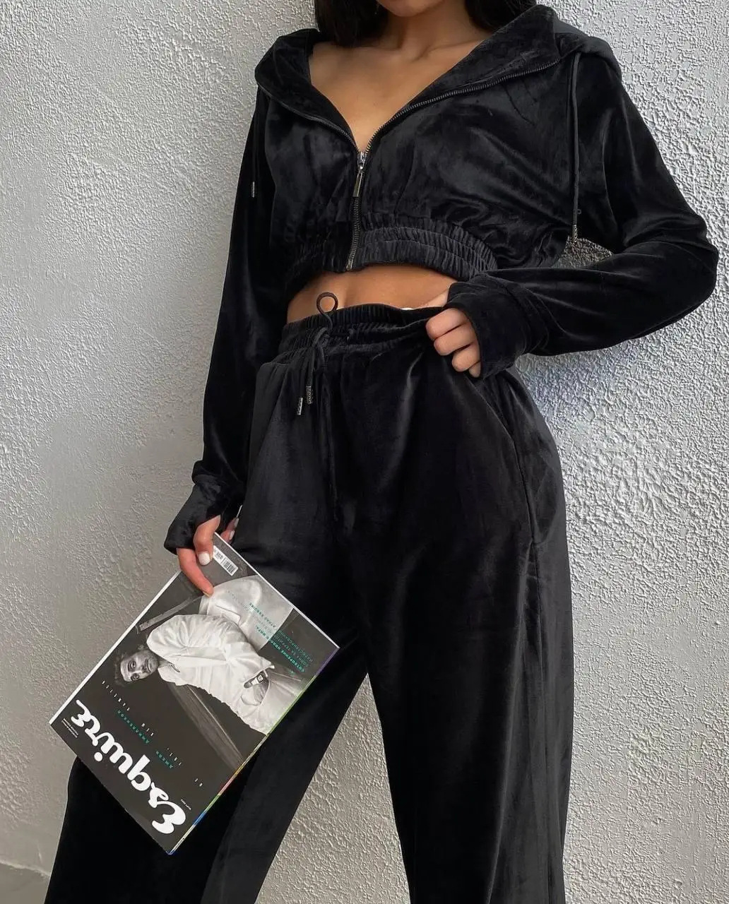 Women's Casual Solid Color Long Sleeve Zip Hoodie and Drawstring Pants Two-Piece Set