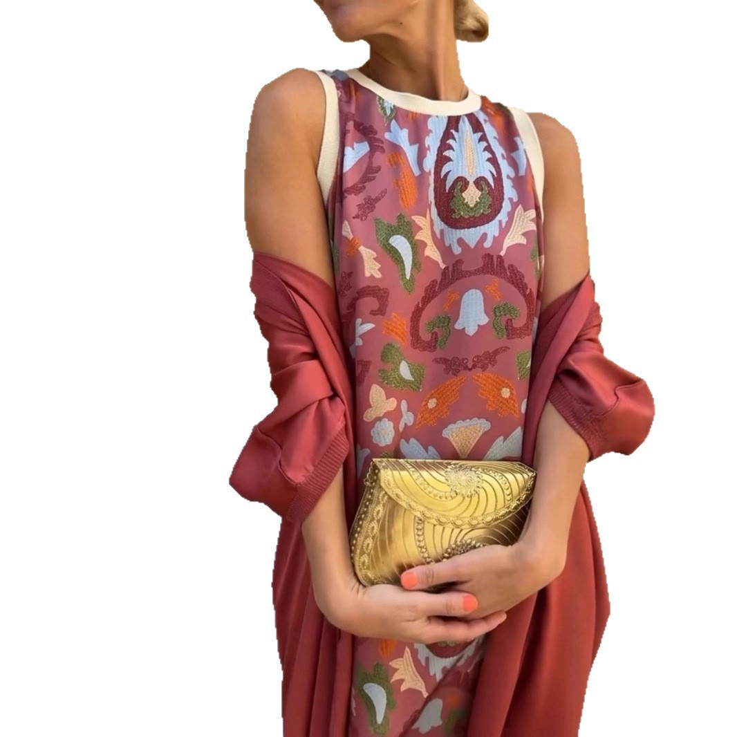 Elegant Printed Round Neck Two-Piece Maxi Dress with Cape