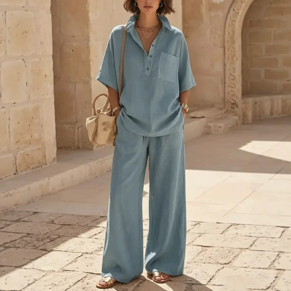 Women's Casual Shirt and Pants Set, Sweet Solid Color, Cotton Blend, Short Sleeve