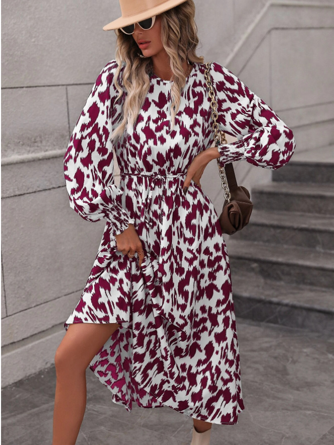 Leopard Print Tie-Waist Long Sleeve Maxi Dress