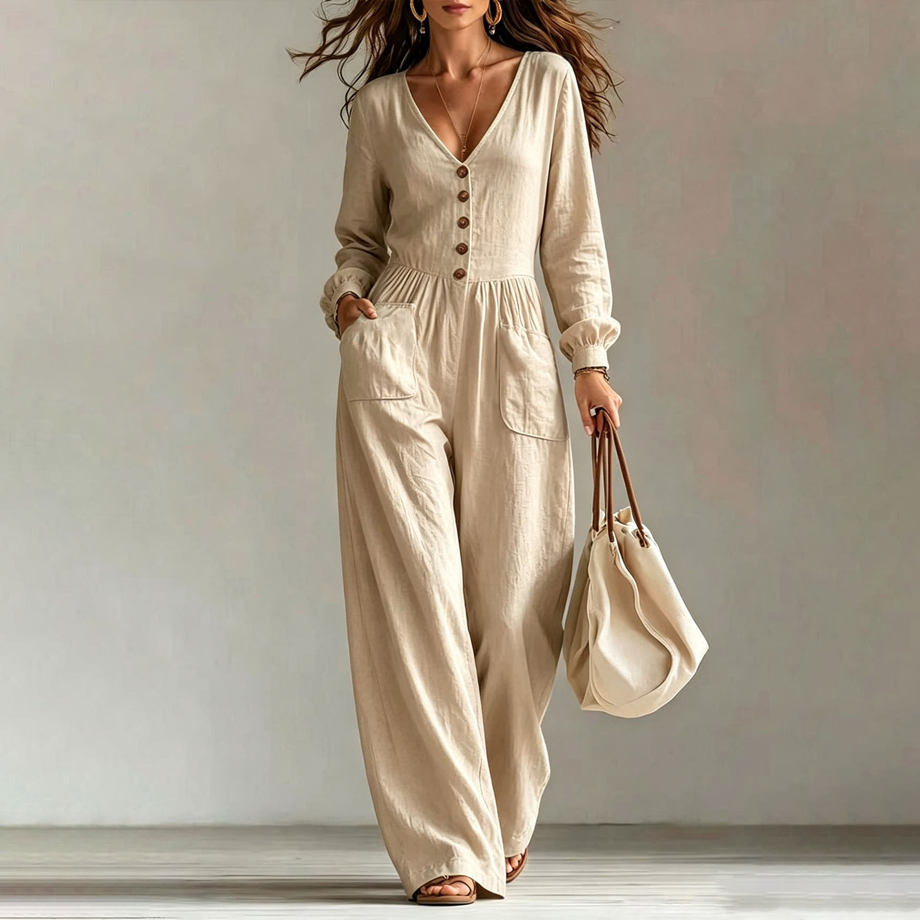 Women's Casual V-Neck Long Sleeve Jumpsuit with Pockets
