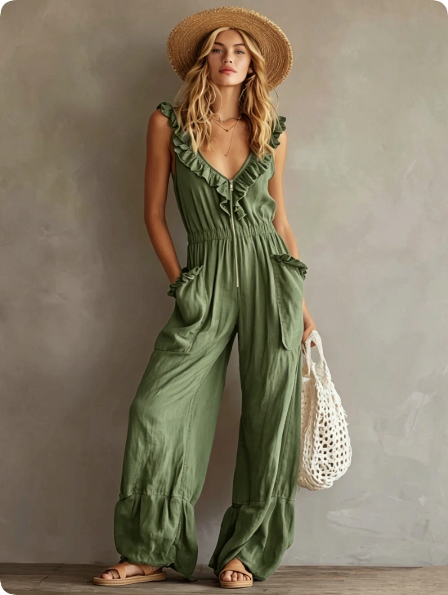 Bohemian V-Neck Ruffle Sleeveless Jumpsuit with Front Zip and Elastic Waist