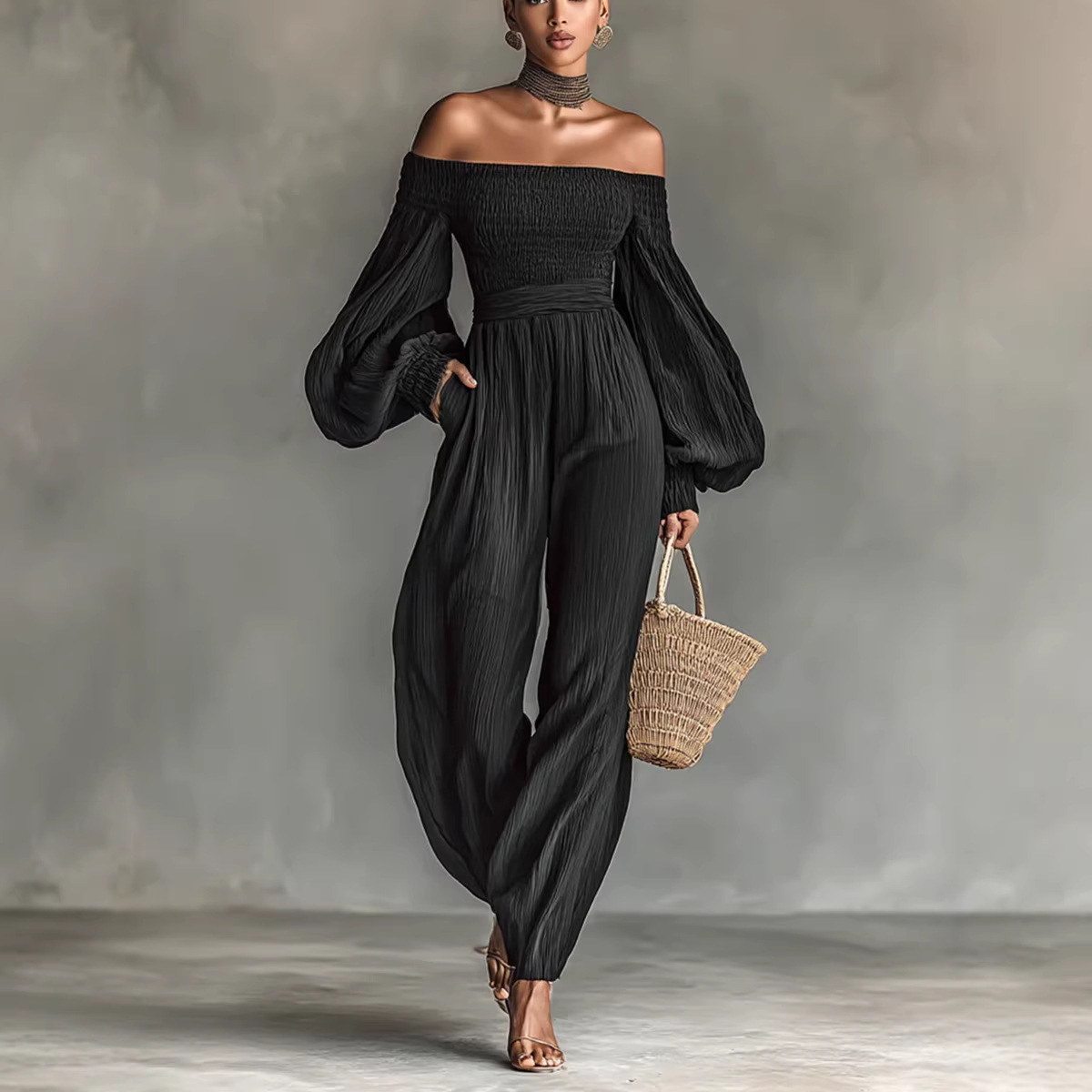Women's Off-Shoulder Lantern Sleeve Ruched Loose Jumpsuit