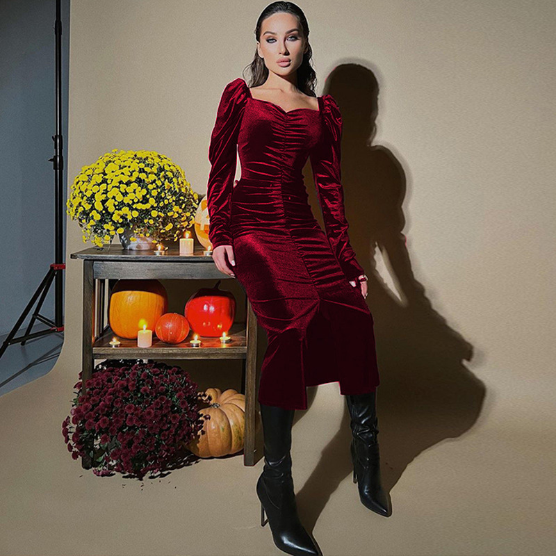Women's Pleated Slim Fit Long Sleeve Split Midi Dress