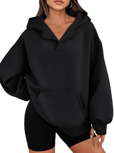 Women's V-Neck Hooded Pullover Sweatshirt with Thumbholes Cotton Fleece Casual Top