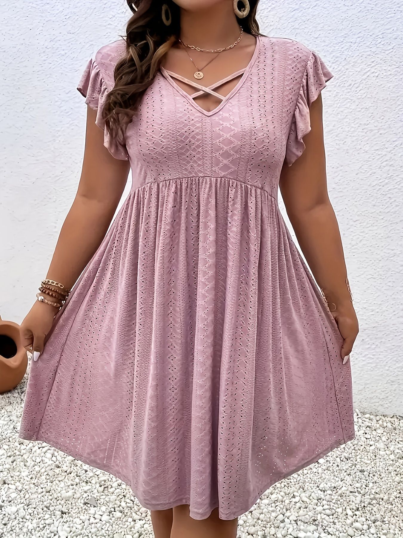 Women's Summer Hollow-Out Short Sleeve Cover-Up Mini Dress